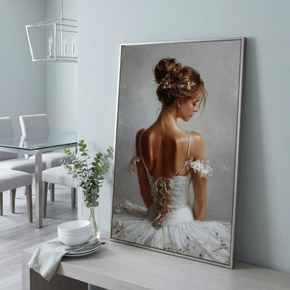 Ballerina in White Canvas Art, Portrait View From Behind in silver floating frame