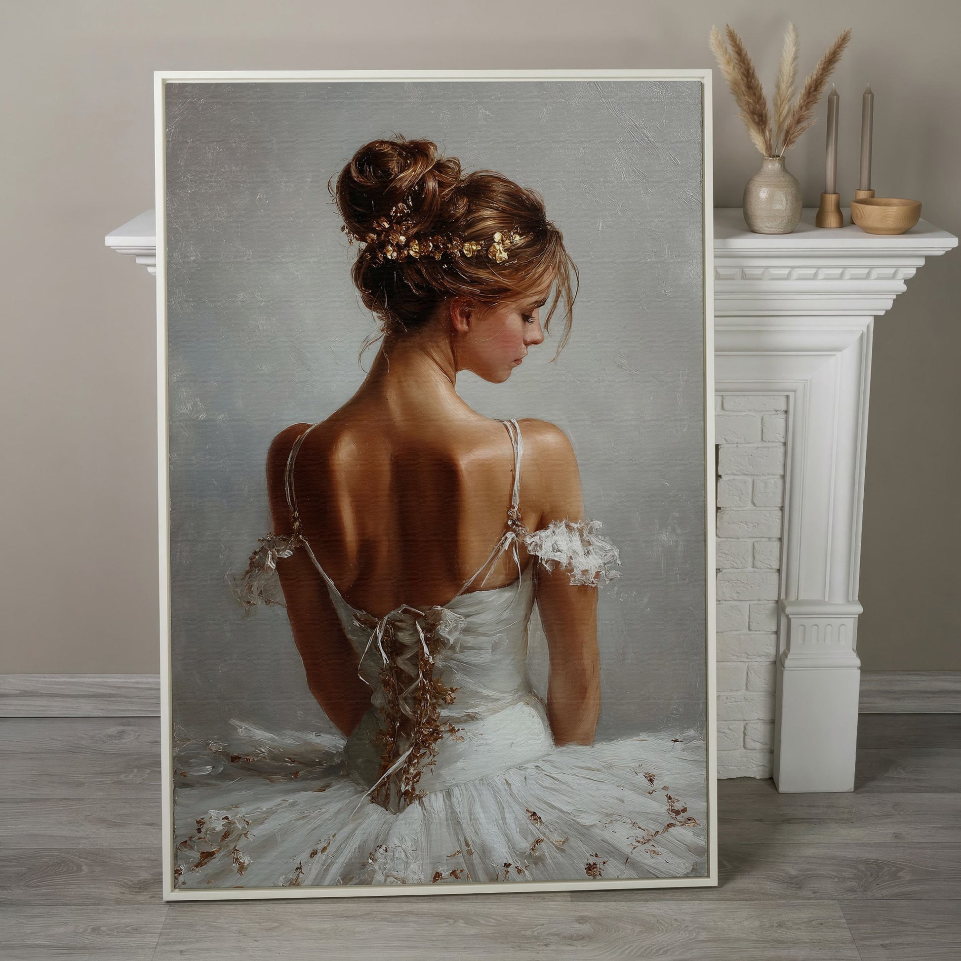Ballerina in White Canvas Art, Portrait View From Behind in white floating frame