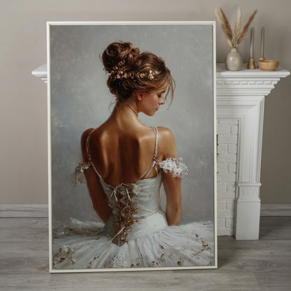 Ballerina in White Canvas Art, Portrait View From Behind in white floating frame