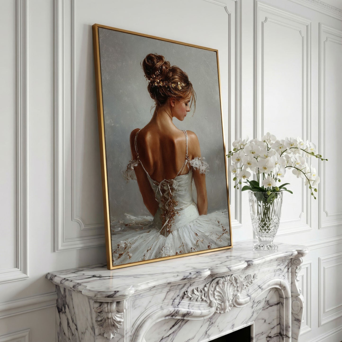 Ballerina in White Canvas Art, Portrait View From Behind in yellow gold floating frame