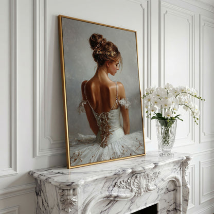 Ballerina in White Canvas Art, Portrait View From Behind in yellow gold floating frame