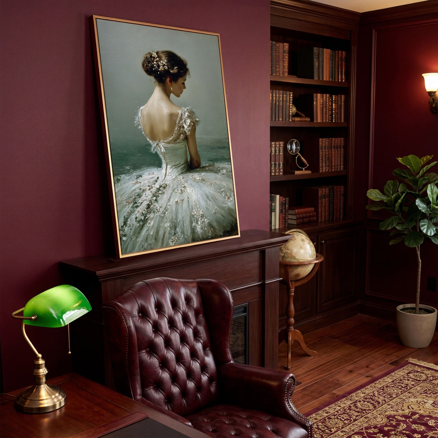 Ballerina in White Gown Canvas Art, Floral Hair, Portrait Wall Decor in antique gold floating frame