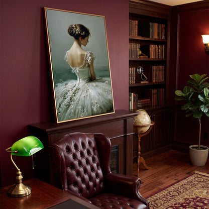 Ballerina in White Gown Canvas Art, Floral Hair, Portrait Wall Decor in antique gold floating frame