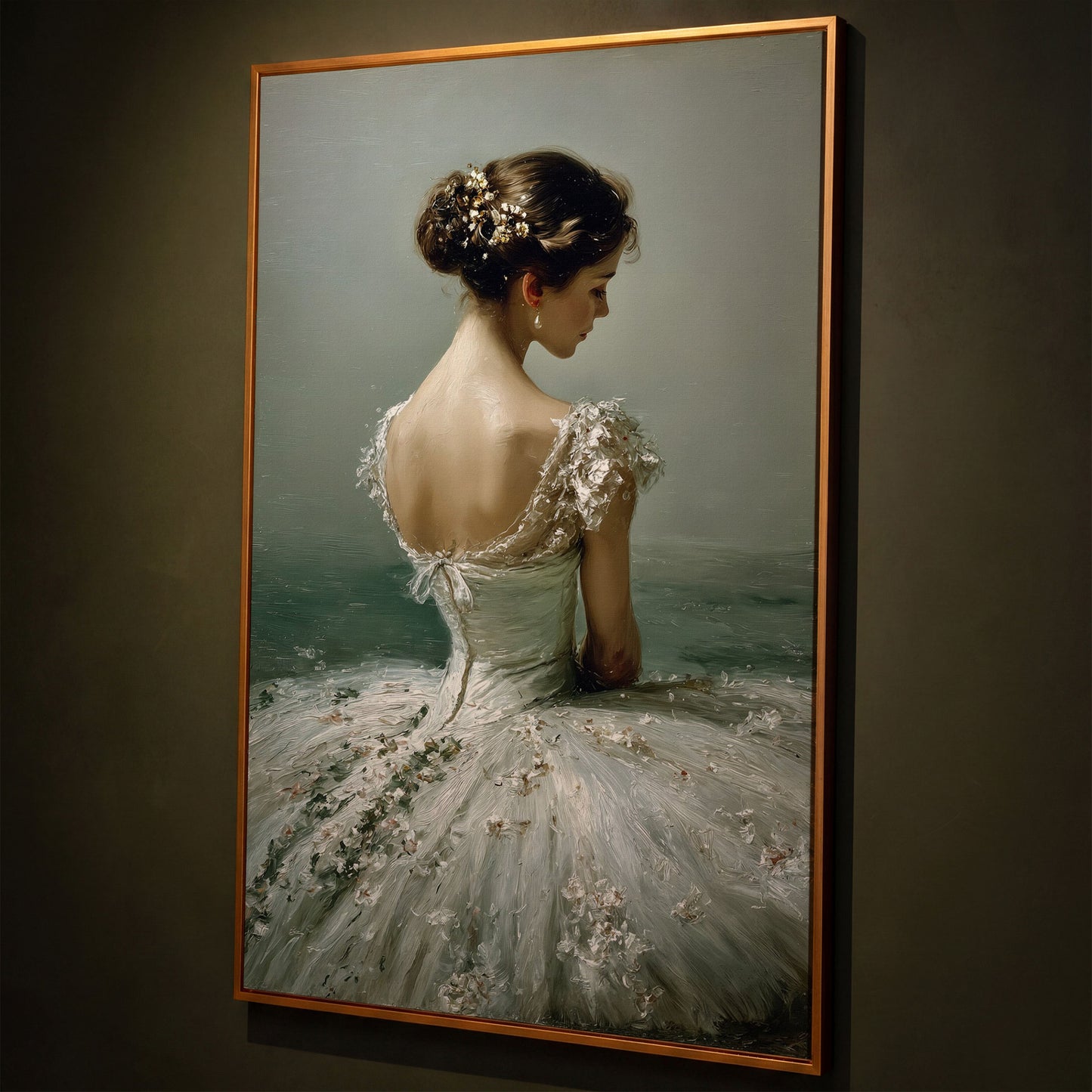 Ballerina in White Gown Canvas Art, Floral Hair, Portrait Wall Decor shown in antique gold floating frame