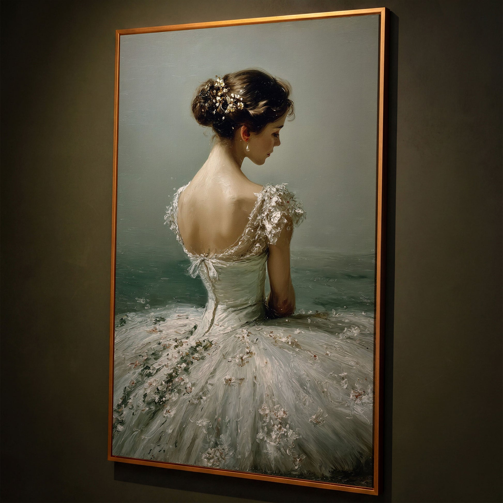 Ballerina in White Gown Canvas Art, Floral Hair, Portrait Wall Decor shown in antique gold floating frame