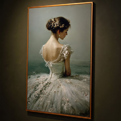 Ballerina in White Gown Canvas Art, Floral Hair, Portrait Wall Decor shown in antique gold floating frame