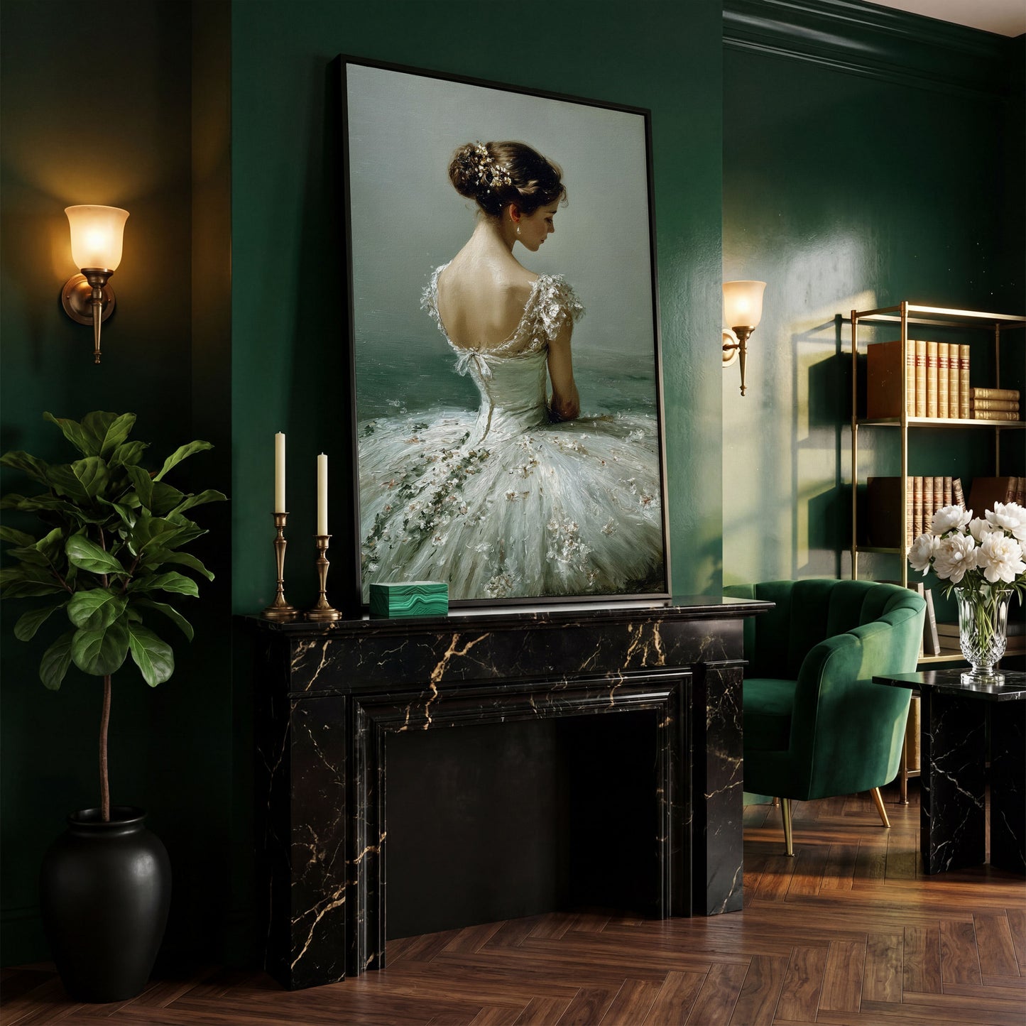 Ballerina in White Gown Canvas Art, Floral Hair, Portrait Wall Decor in black floating frame
