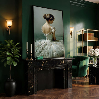 Ballerina in White Gown Canvas Art, Floral Hair, Portrait Wall Decor in black floating frame
