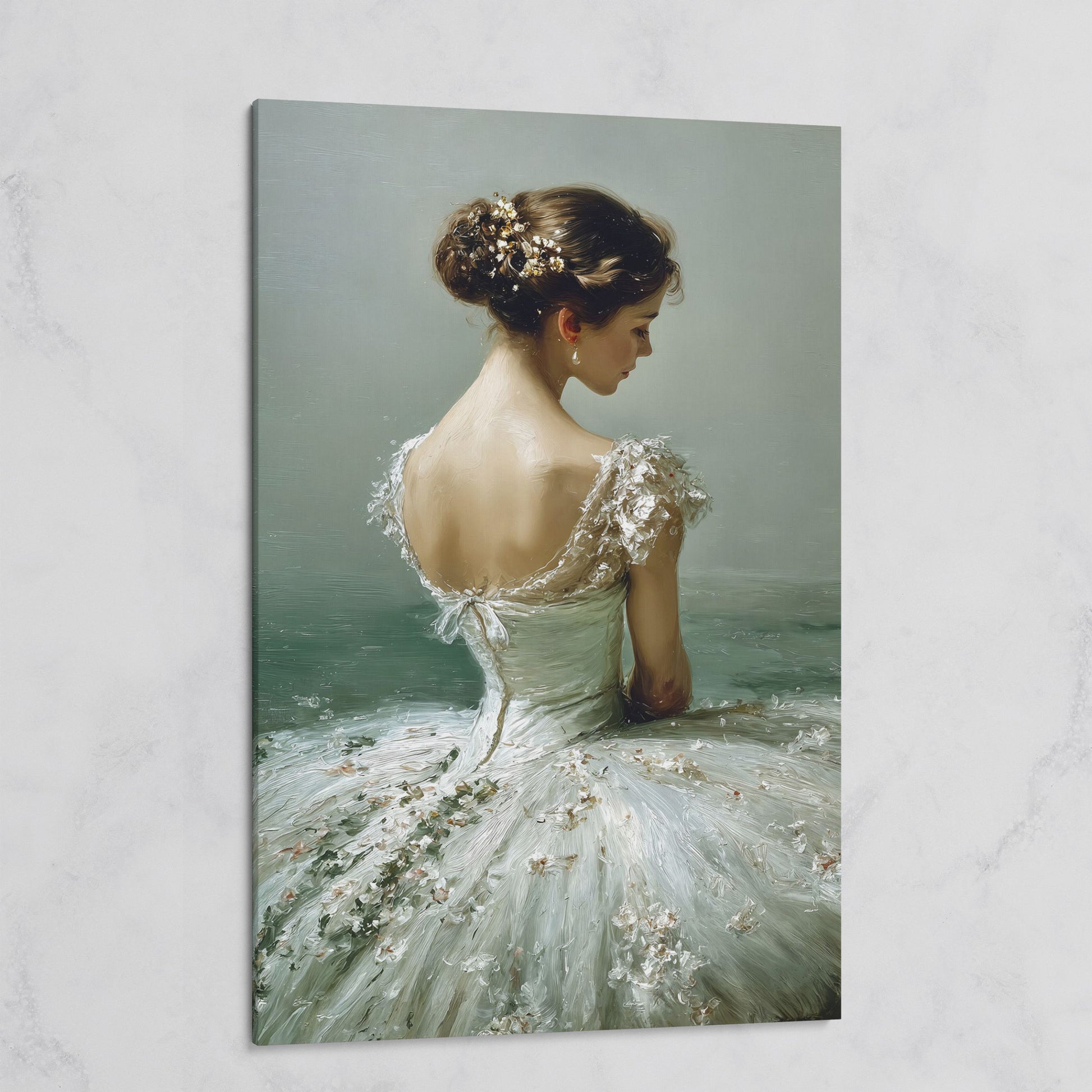 Ballerina in White Gown Canvas Art, Floral Hair, Portrait Wall Decor on gallery wrap