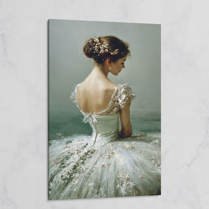 Ballerina in White Gown Canvas Art, Floral Hair, Portrait Wall Decor on gallery wrap