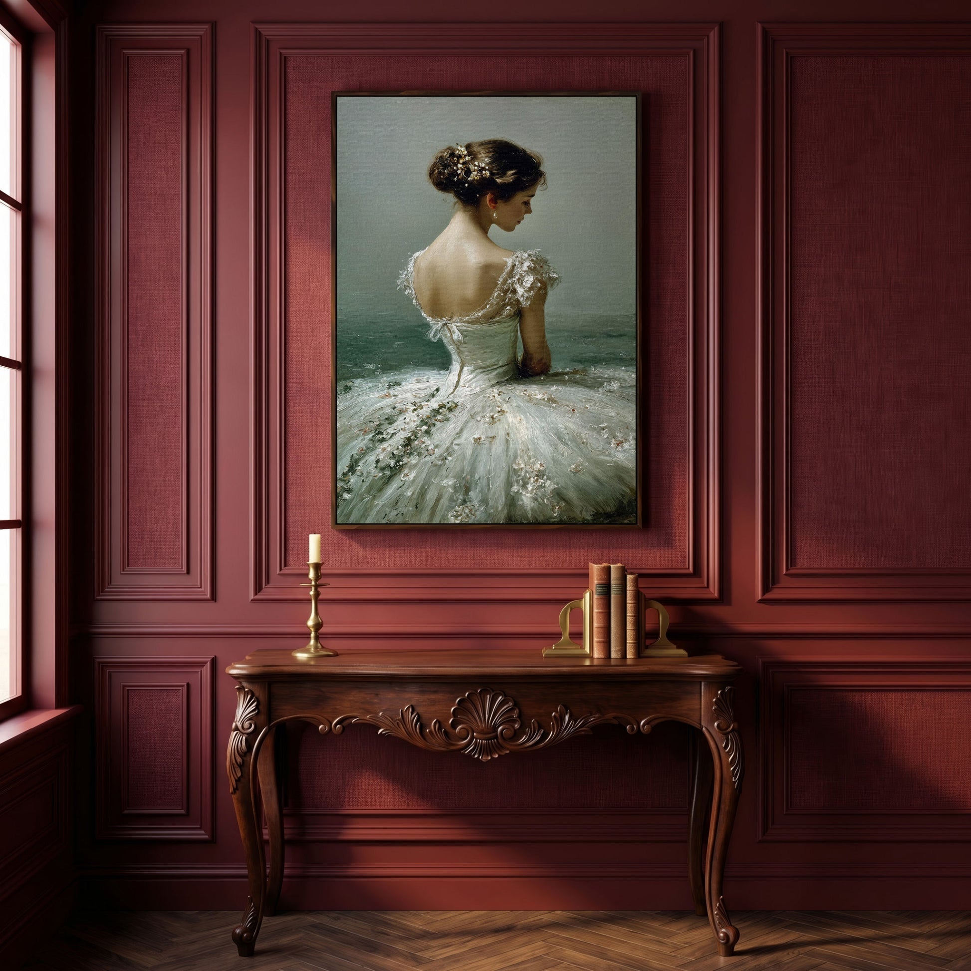 Ballerina in White Gown Canvas Art, Floral Hair, Portrait Wall Decor in dark walnut floating frame