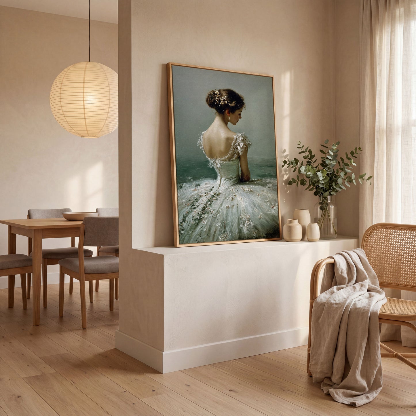 Ballerina in White Gown Canvas Art, Floral Hair, Portrait Wall Decor in white oak floating frame