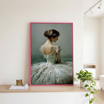 Ballerina in White Gown Canvas Art, Floral Hair, Portrait Wall Decor in pink floating frame