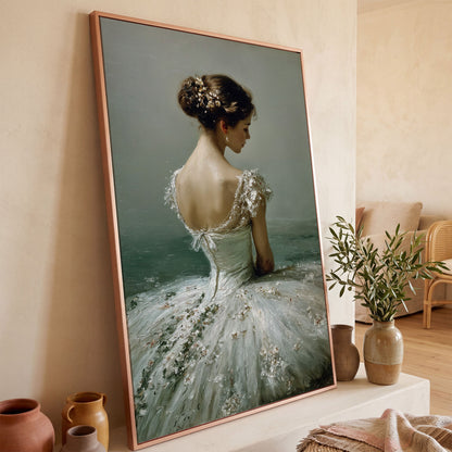 Ballerina in White Gown Canvas Art, Floral Hair, Portrait Wall Decor in rose gold floating frame