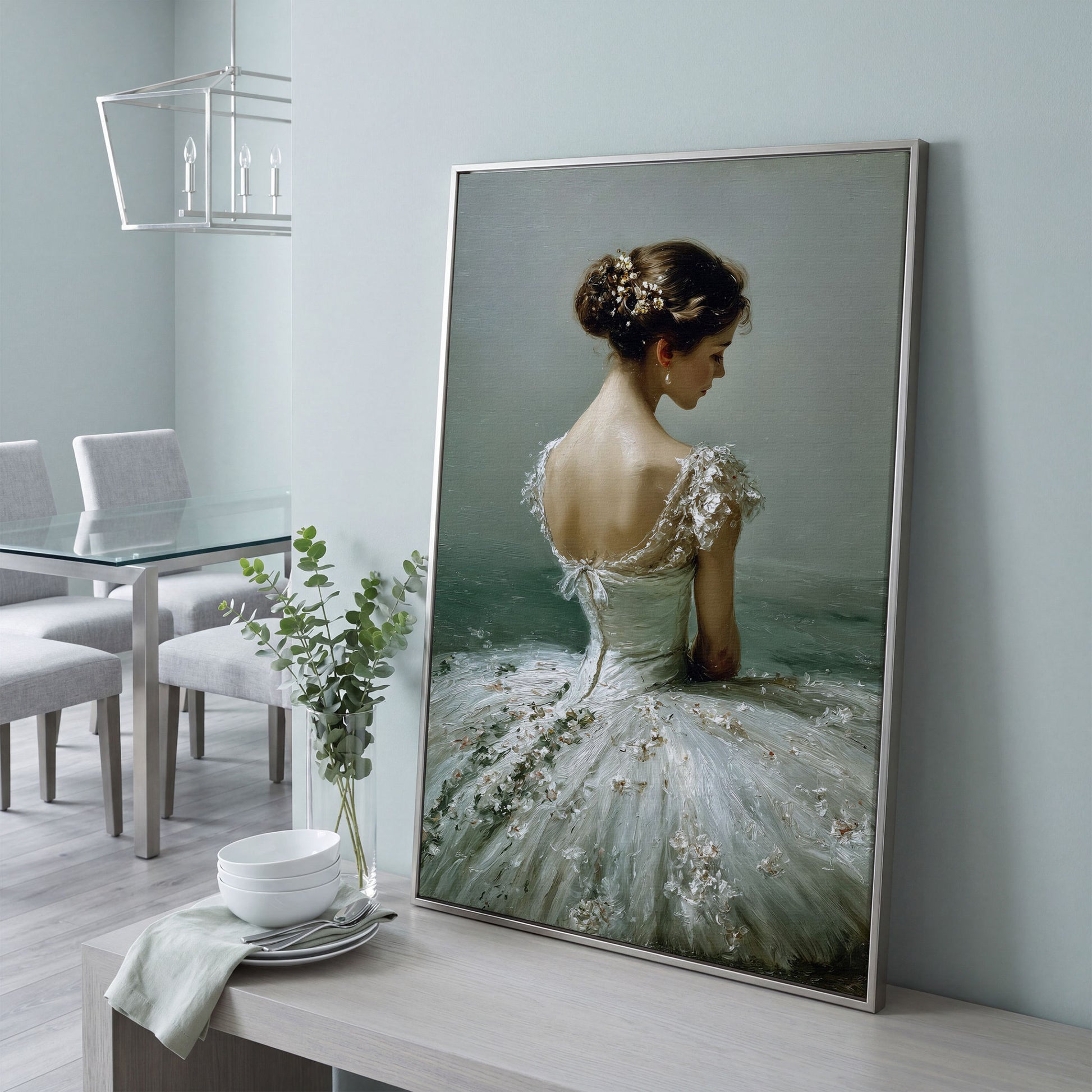 Ballerina in White Gown Canvas Art, Floral Hair, Portrait Wall Decor in silver floating frame