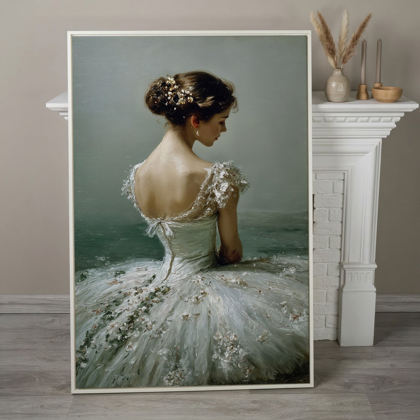 Ballerina in White Gown Canvas Art, Floral Hair, Portrait Wall Decor in white floating frame