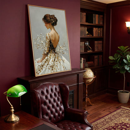 Gold Floral Figure Canvas Art, Baroque-Inspired Portrait Wall Art in antique gold floating frame