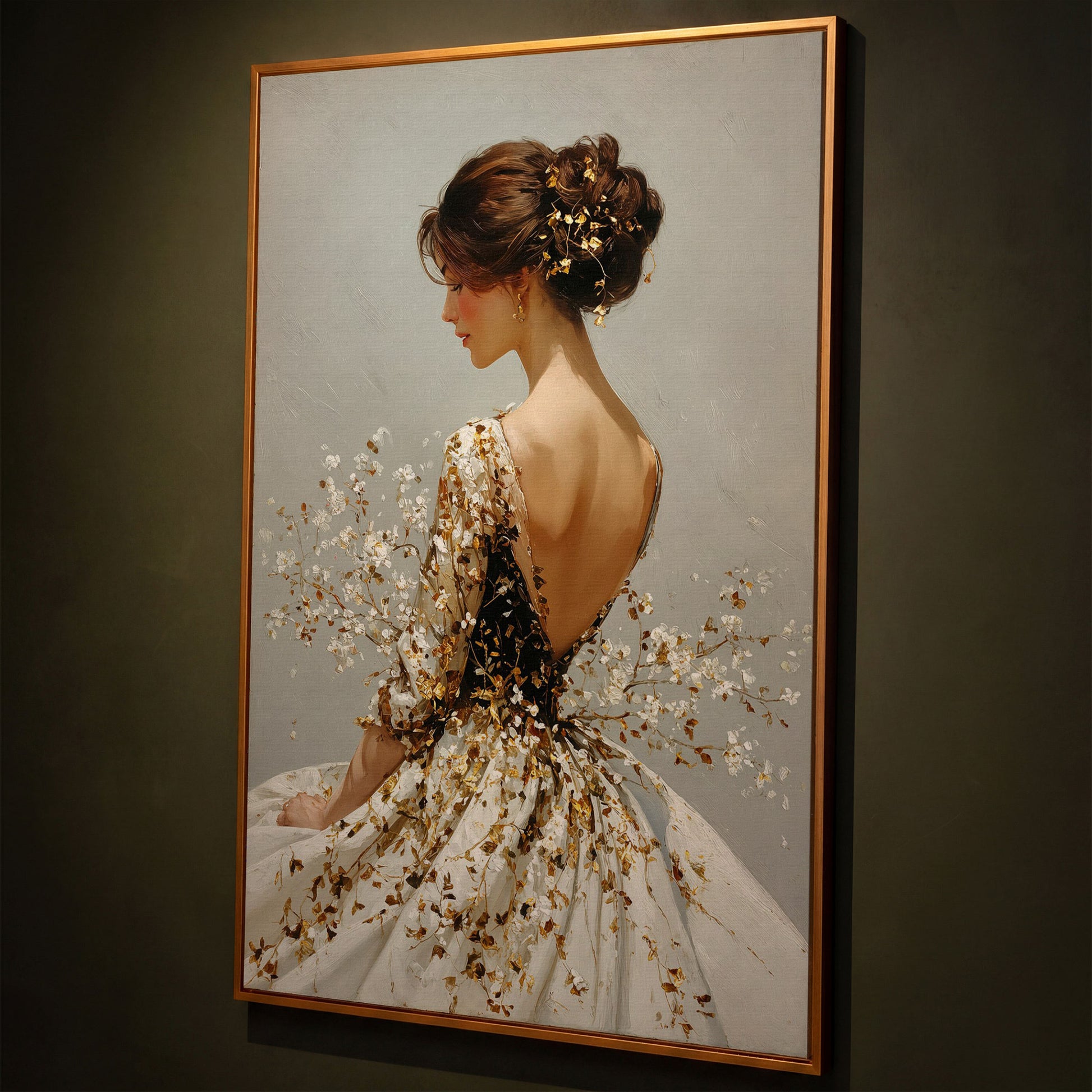 Gold Floral Figure Canvas Art, Baroque-Inspired Portrait Wall Art shown in antique gold floating frame
