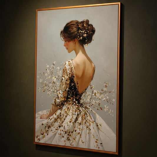 Gold Floral Figure Canvas Art, Baroque-Inspired Portrait Wall Art shown in antique gold floating frame