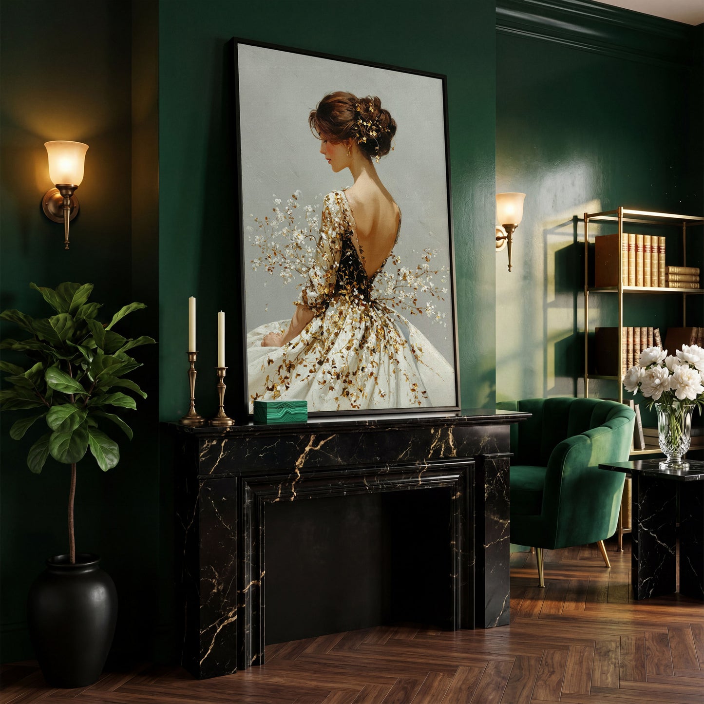 Gold Floral Figure Canvas Art, Baroque-Inspired Portrait Wall Art in black floating frame