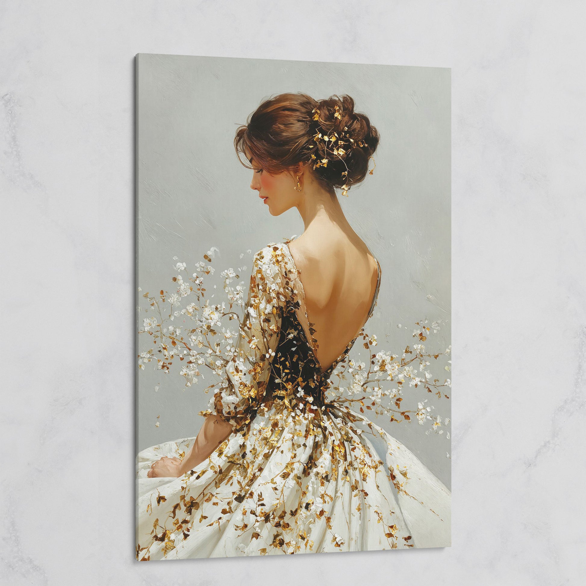 Gold Floral Figure Canvas Art, Baroque-Inspired Portrait Wall Art on gallery wrap