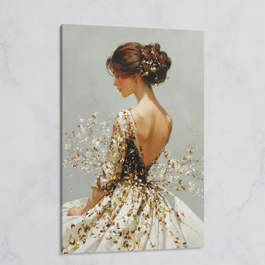 Gold Floral Figure Canvas Art, Baroque-Inspired Portrait Wall Art on gallery wrap