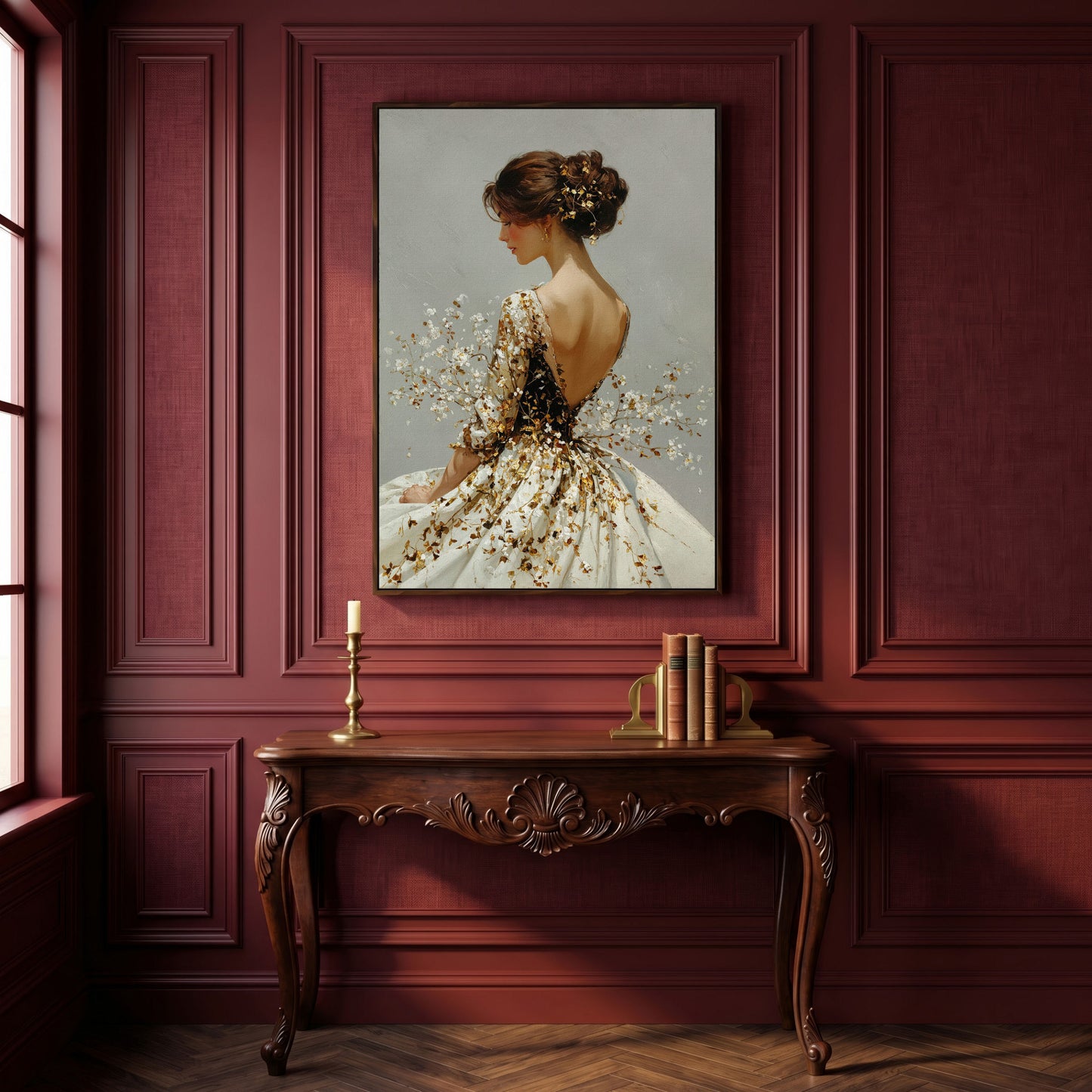 Gold Floral Figure Canvas Art, Baroque-Inspired Portrait Wall Art in dark walnut floating frame