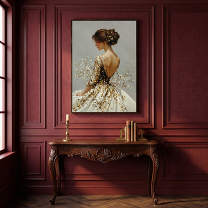 Gold Floral Figure Canvas Art, Baroque-Inspired Portrait Wall Art in dark walnut floating frame