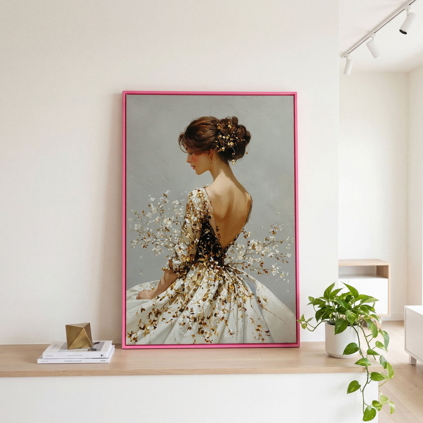 Gold Floral Figure Canvas Art, Baroque-Inspired Portrait Wall Art in pink floating frame