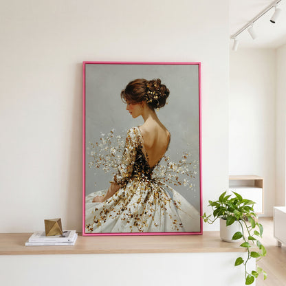Gold Floral Figure Canvas Art, Baroque-Inspired Portrait Wall Art in pink floating frame