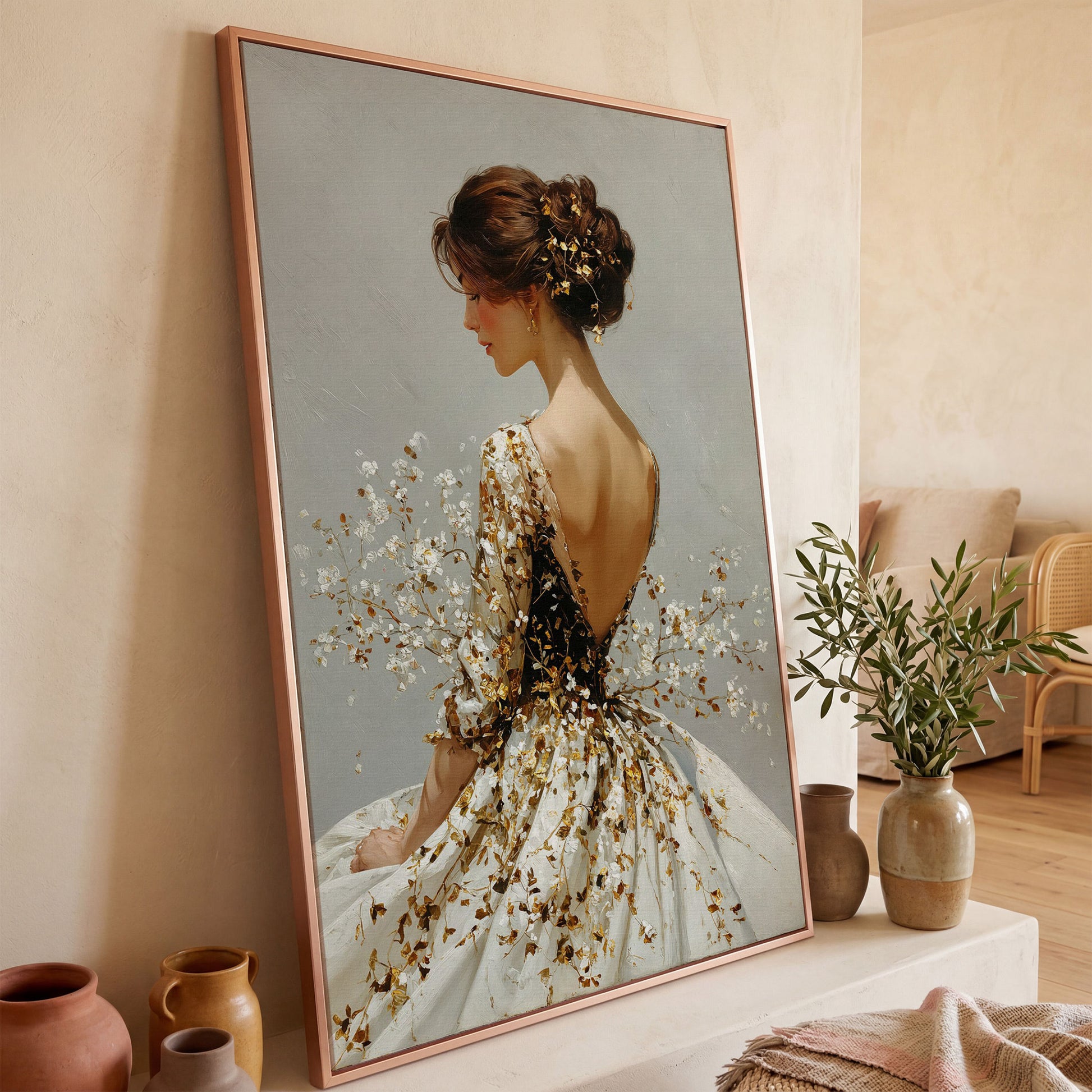 Gold Floral Figure Canvas Art, Baroque-Inspired Portrait Wall Art in rose gold floating frame