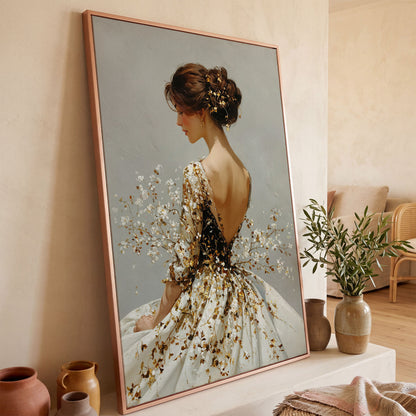 Gold Floral Figure Canvas Art, Baroque-Inspired Portrait Wall Art in rose gold floating frame