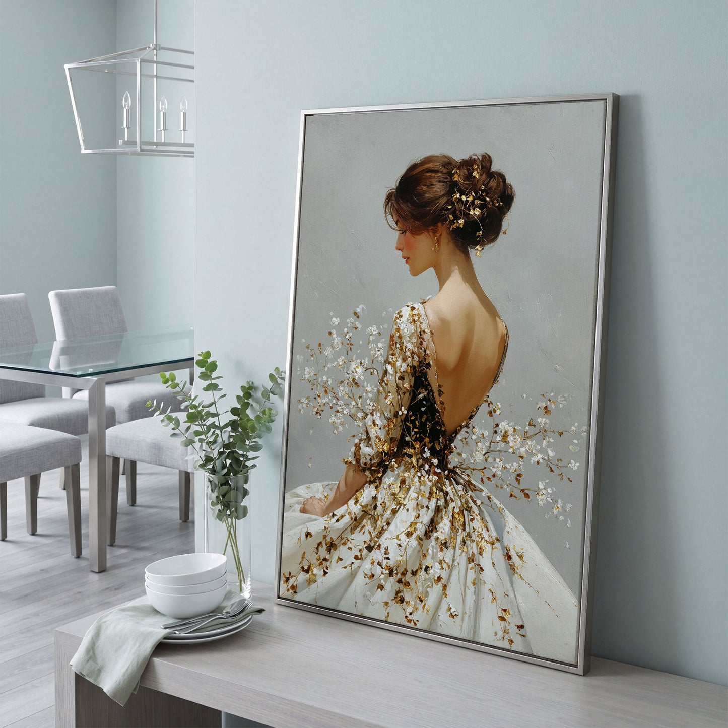 Gold Floral Figure Canvas Art, Baroque-Inspired Portrait Wall Art in silver floating frame