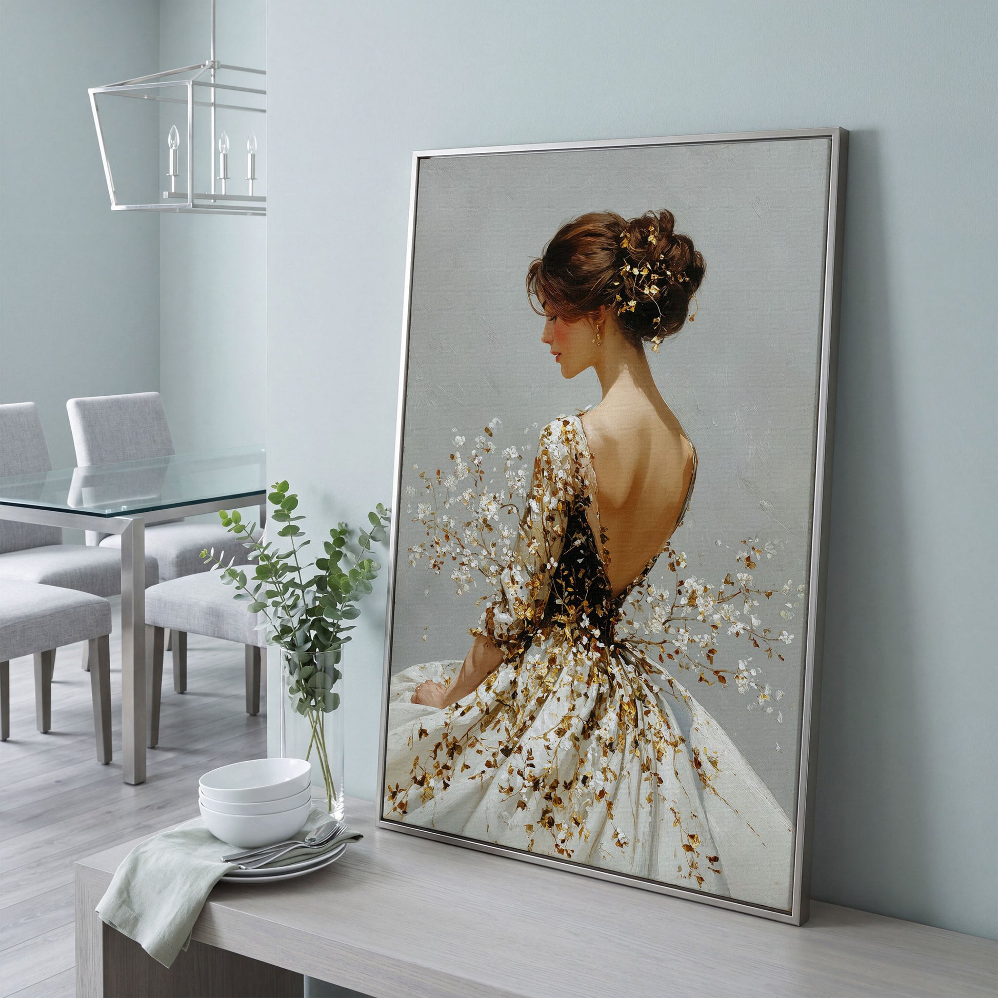 Gold Floral Figure Canvas Art, Baroque-Inspired Portrait Wall Art in silver floating frame