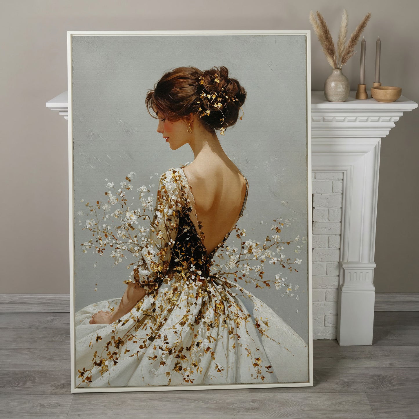 Gold Floral Figure Canvas Art, Baroque-Inspired Portrait Wall Art in white floating frame