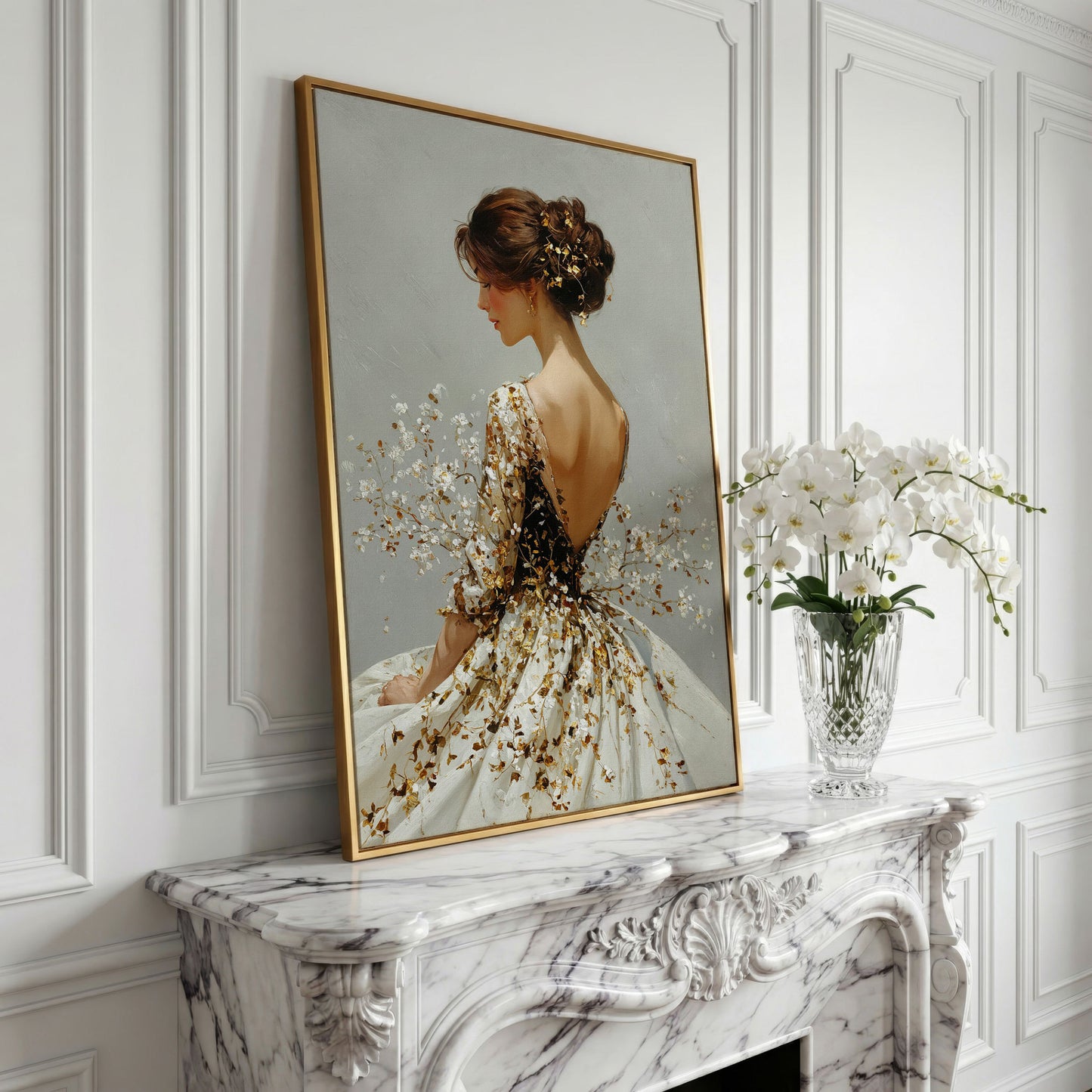 Gold Floral Figure Canvas Art, Baroque-Inspired Portrait Wall Art in yellow gold floating frame