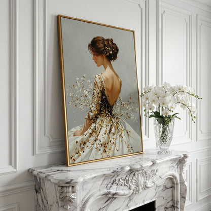 Gold Floral Figure Canvas Art, Baroque-Inspired Portrait Wall Art in yellow gold floating frame