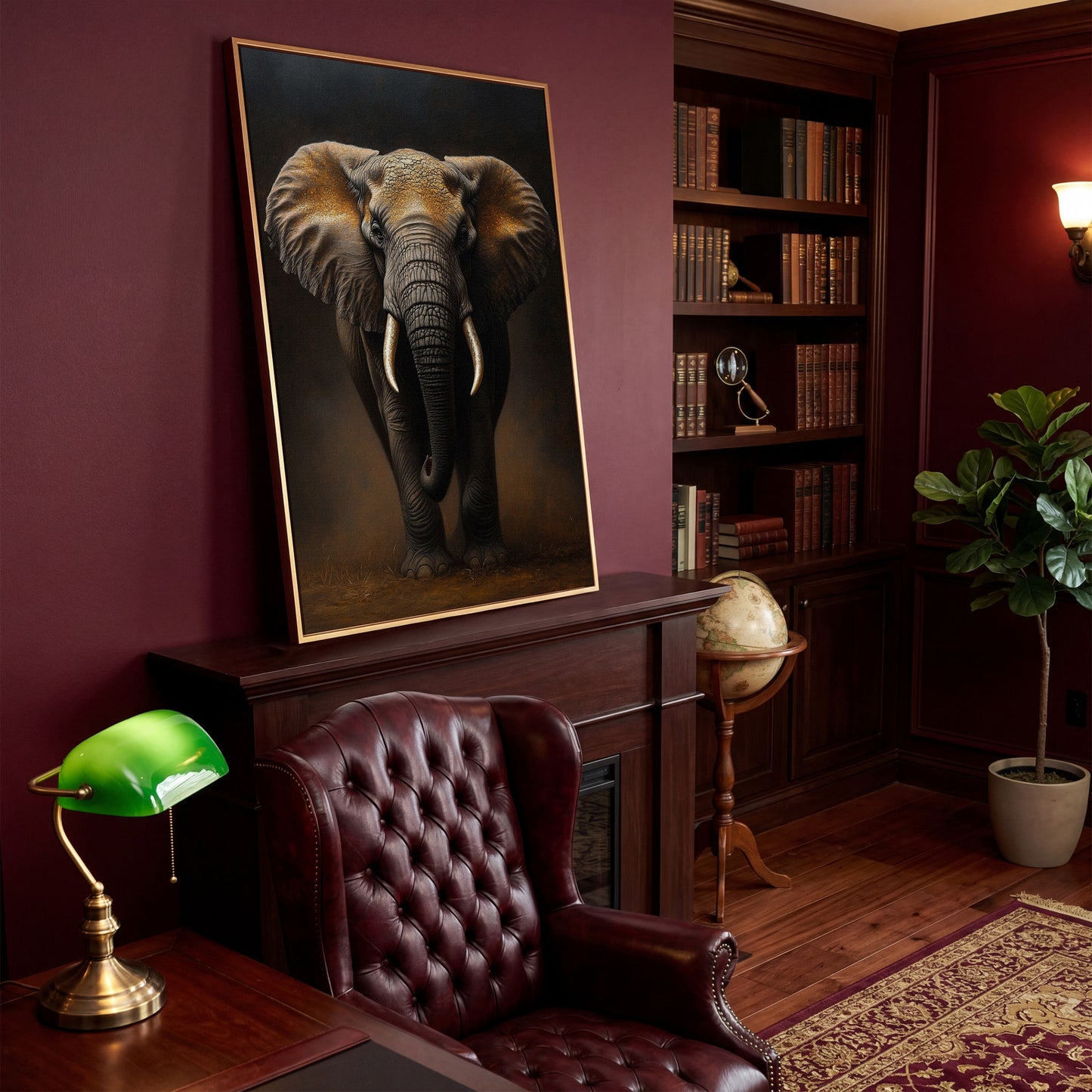 Elephant Portrait Canvas Wall Art, African Wildlife Painting in antique gold floating frame