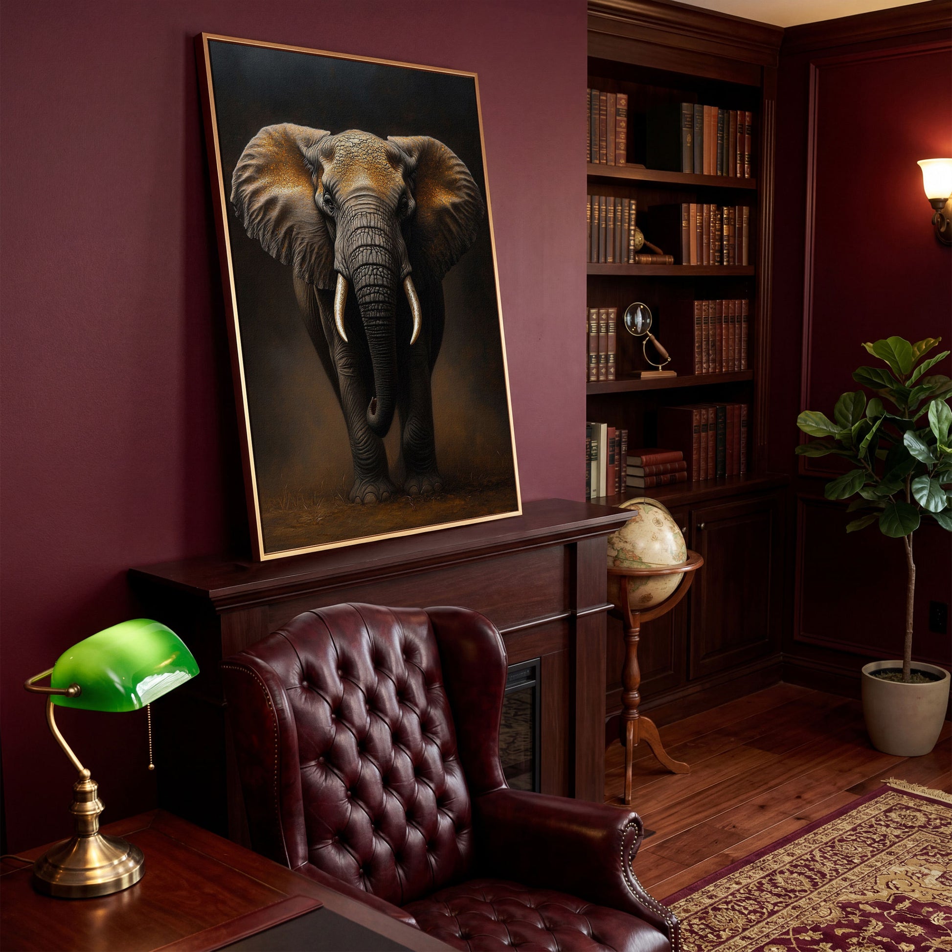 Elephant Portrait Canvas Wall Art, African Wildlife Painting in antique gold floating frame