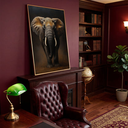 Elephant Portrait Canvas Wall Art, African Wildlife Painting in antique gold floating frame