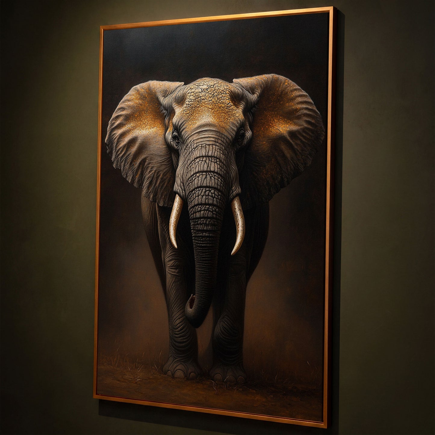 Elephant Portrait Canvas Wall Art, African Wildlife Painting shown in antique gold floating frame
