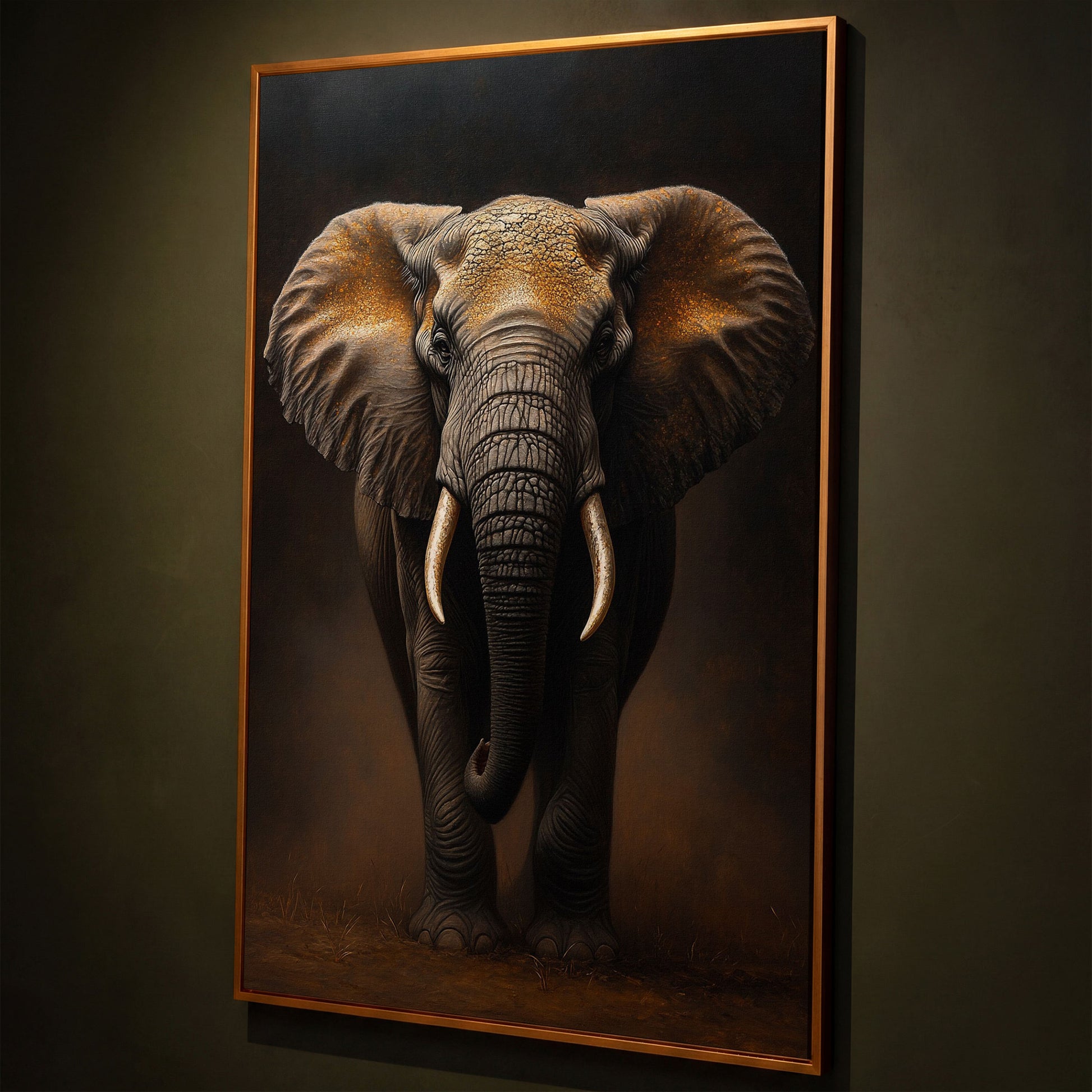 Elephant Portrait Canvas Wall Art, African Wildlife Painting shown in antique gold floating frame