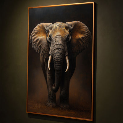 Elephant Portrait Canvas Wall Art, African Wildlife Painting shown in antique gold floating frame