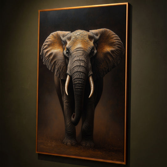 Elephant Portrait Canvas Wall Art, African Wildlife Painting shown in antique gold floating frame