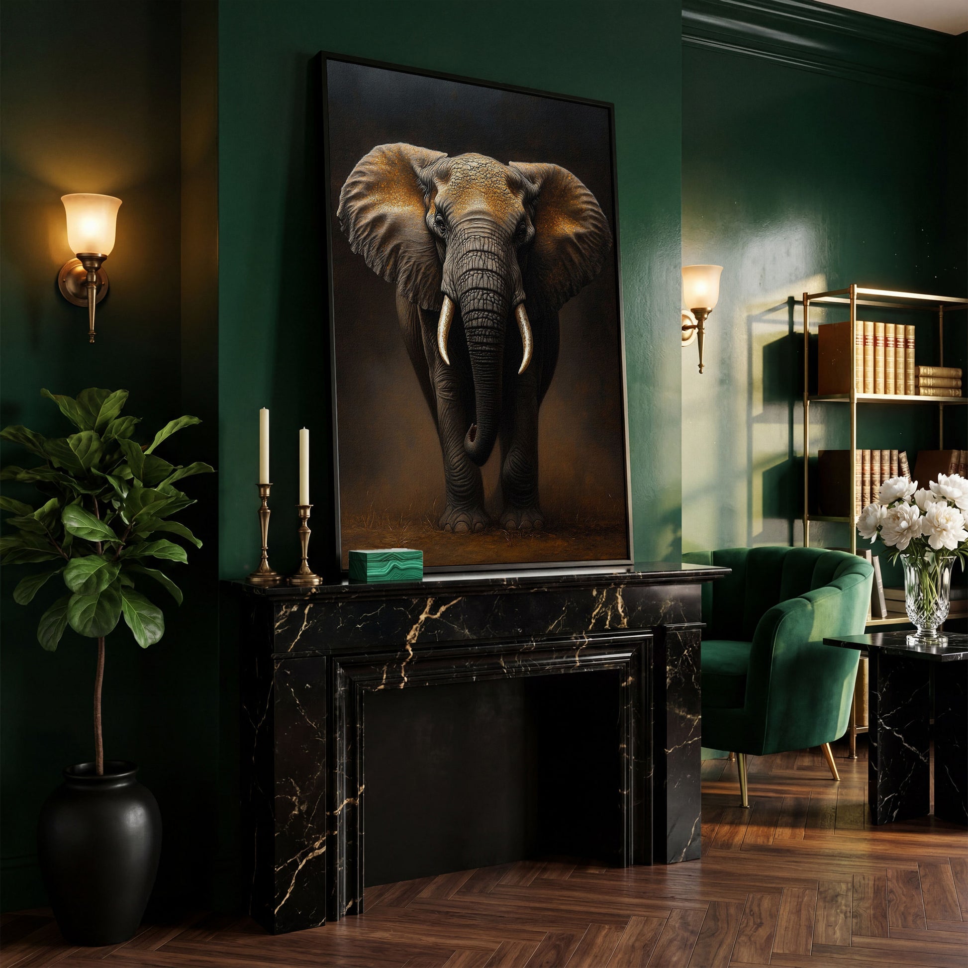 Elephant Portrait Canvas Wall Art, African Wildlife Painting in black floating frame