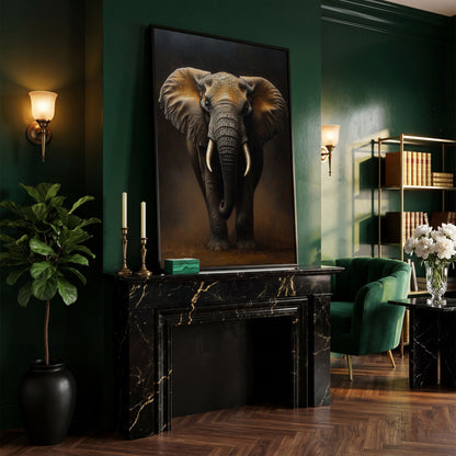 Elephant Portrait Canvas Wall Art, African Wildlife Painting in black floating frame