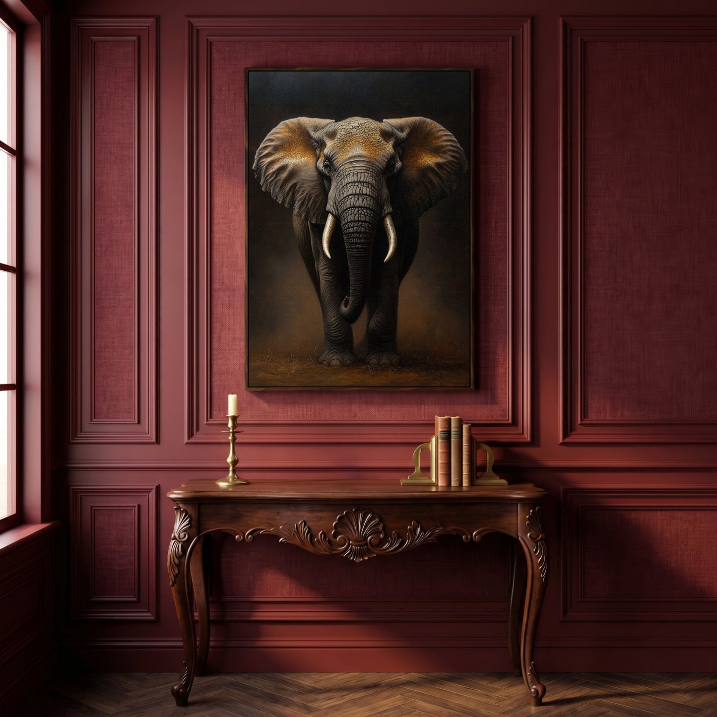 Elephant Portrait Canvas Wall Art, African Wildlife Painting in dark walnut floating frame