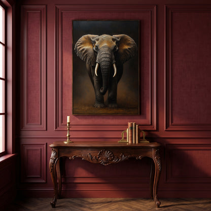 Elephant Portrait Canvas Wall Art, African Wildlife Painting in dark walnut floating frame