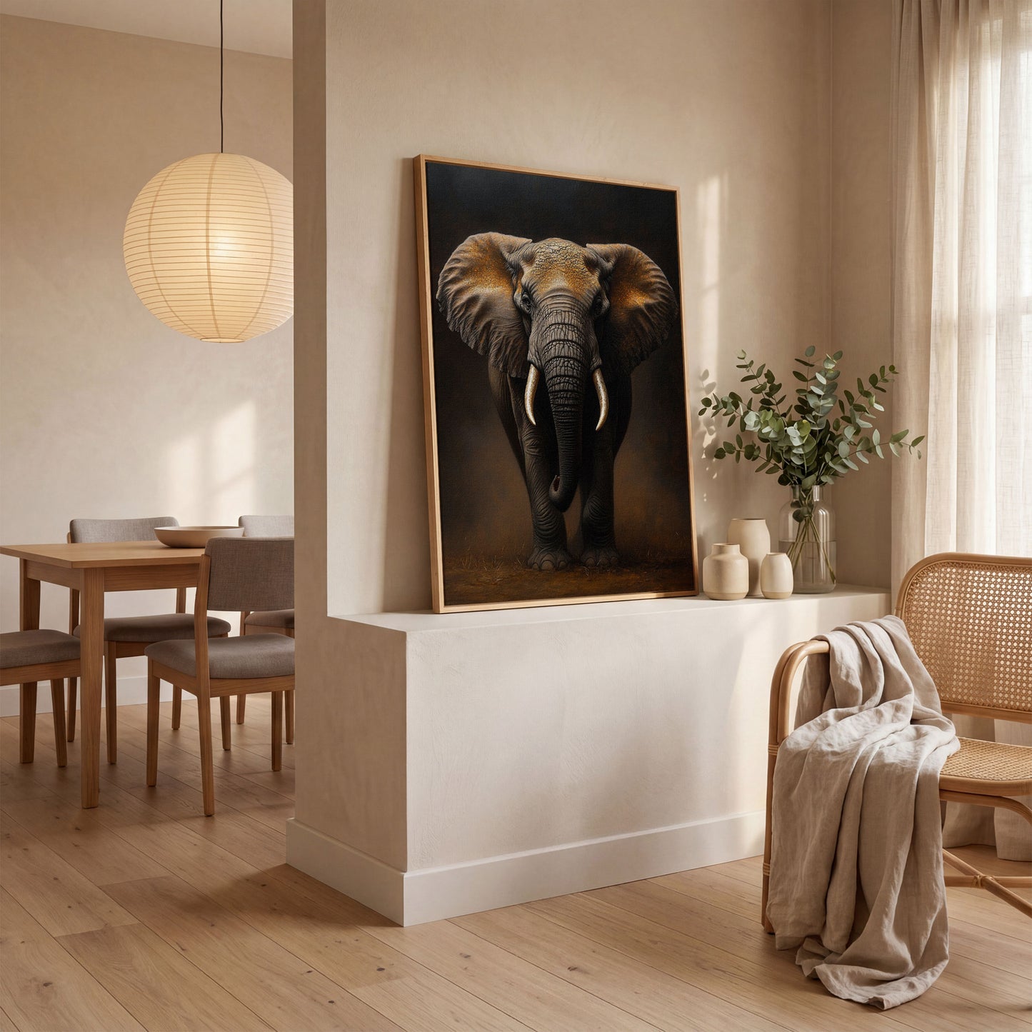 Elephant Portrait Canvas Wall Art, African Wildlife Painting in white oak floating frame