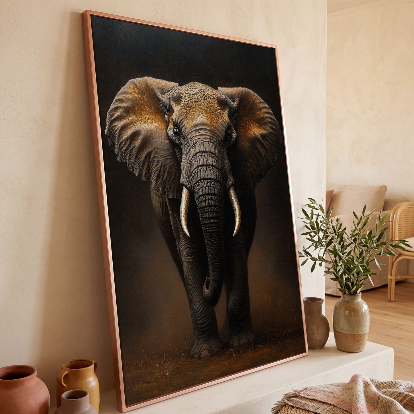 Elephant Portrait Canvas Wall Art, African Wildlife Painting in rose gold floating frame